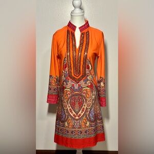 Orange Paisley Long Sleeve Dress